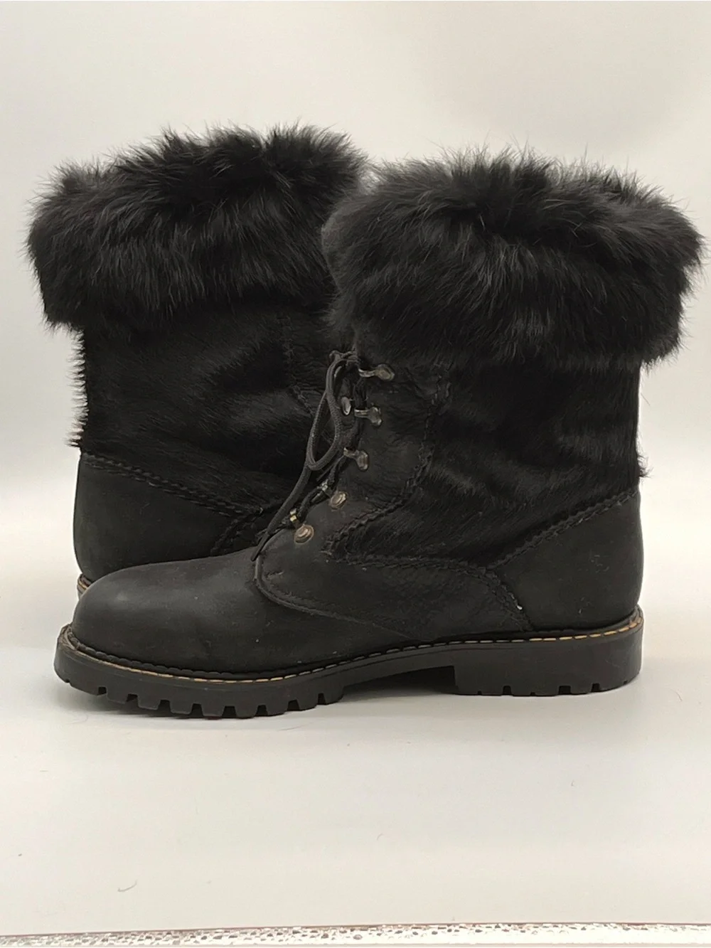 Sorel Womens 11 Black Rabbit/Calf Fur-Trim Panels Lace-Up Lug Sole Boots Leather